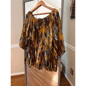 Jennifer Lauren Blouse Brown Yellow Womens 2X